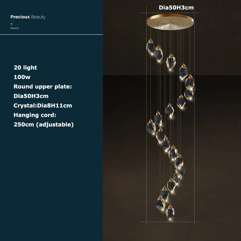 Crystal Stone Copper Chandelier - LED Postmodern 2025 Lighting for Staircase