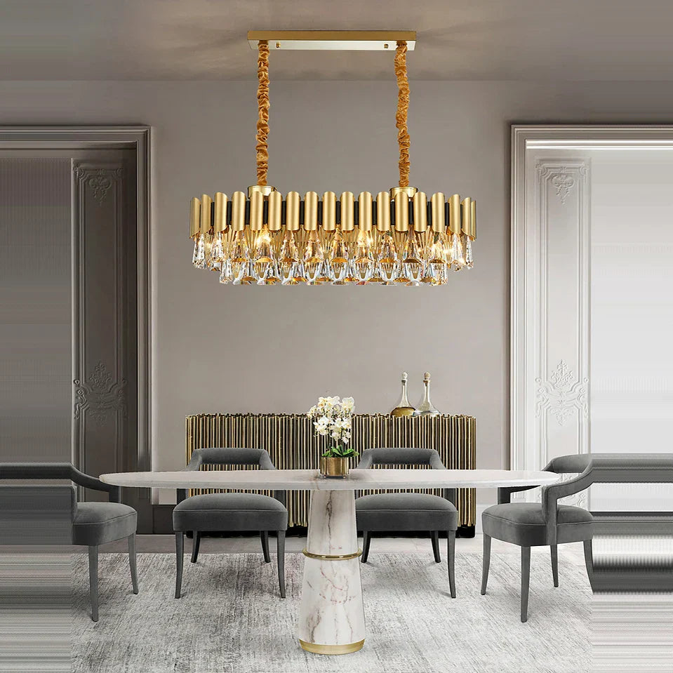 Golden Stainless Steel Crystal Chandelier | LED Round Oval Lustre Fixture