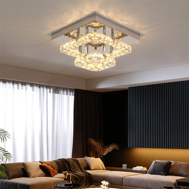 LED Crystal Chandelier Mirror Rings Ceiling Light for Home Décor