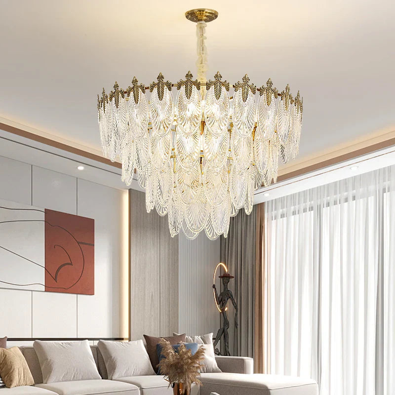 Round Glass Suspension Chandelier – Modern French Style Light Luxury for Living Room