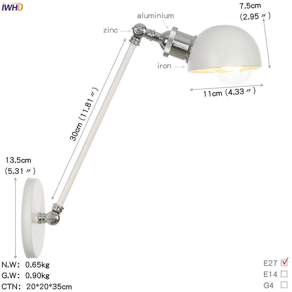 White Swing Arm Wall Light: Adjustable Vintage Industrial Sconce Luminaria
