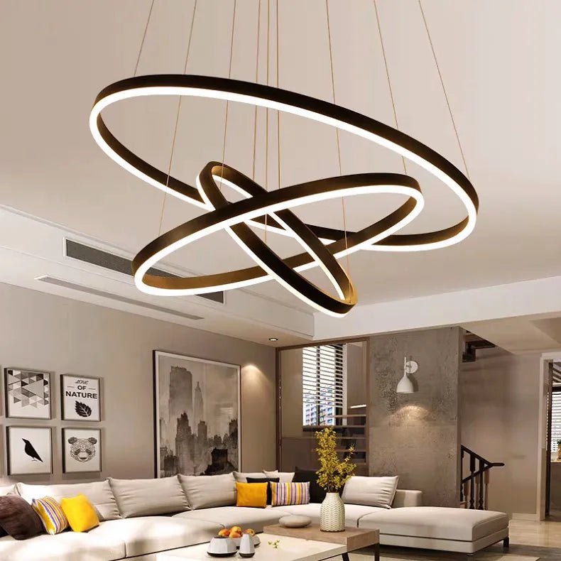 Black Led Rings Circle Pendant Chandelier for Living Dining Kitchen