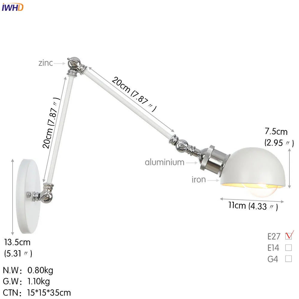 White Swing Arm Wall Light: Adjustable Vintage Industrial Sconce Luminaria