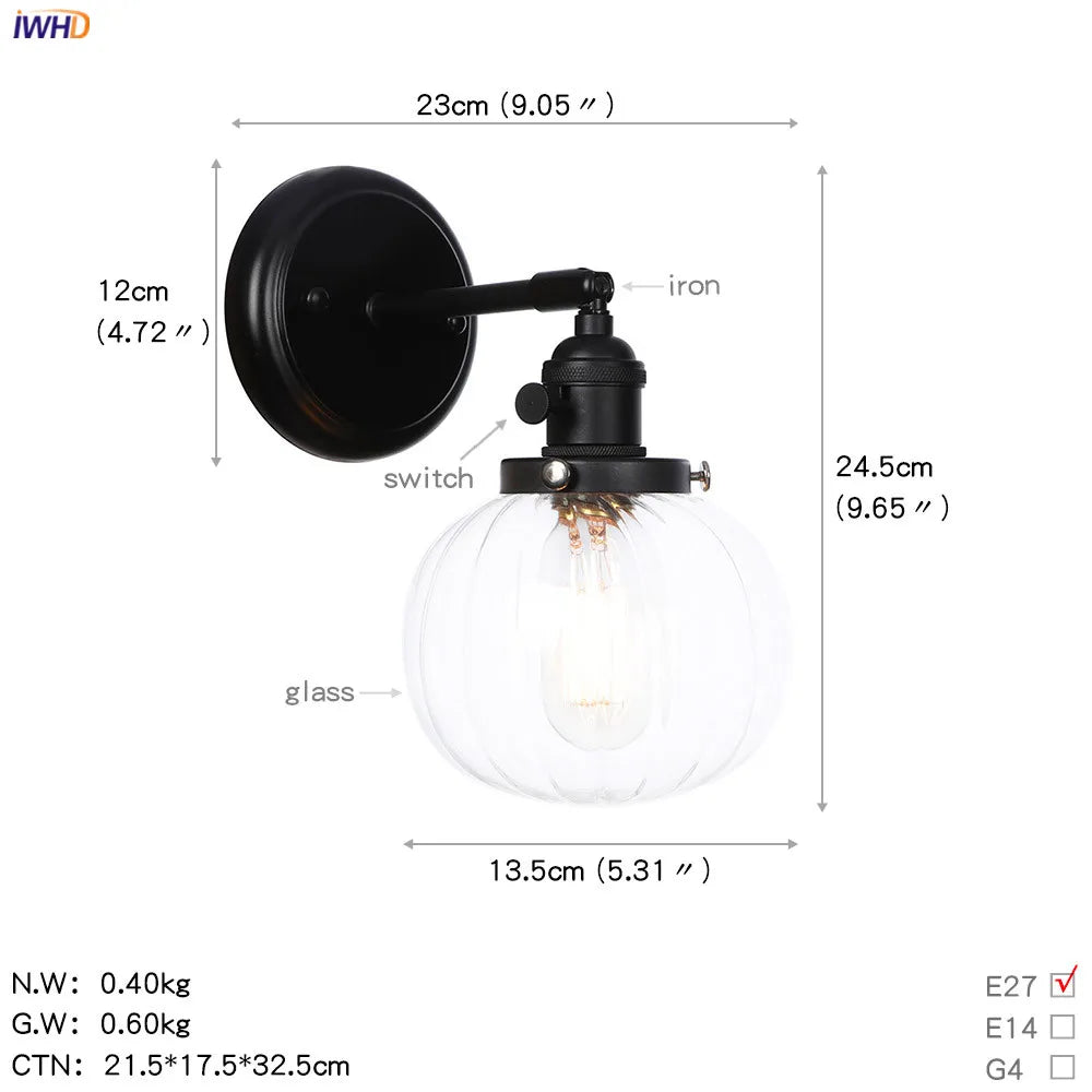 Glass Ball Wall Light Switch Hallway Bathroom Mirror Stair Black Wall Sconce