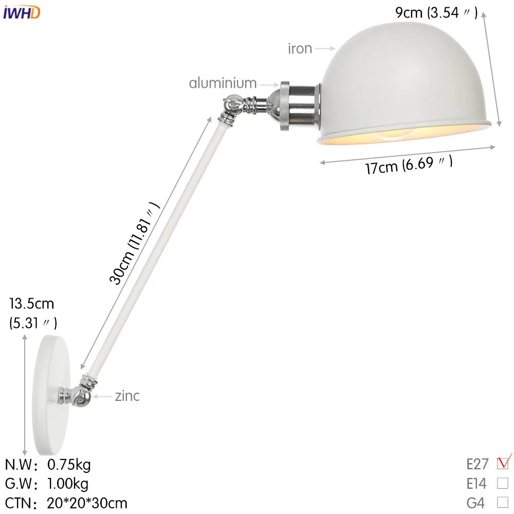 White Swing Arm Wall Light: Adjustable Vintage Industrial Sconce Luminaria