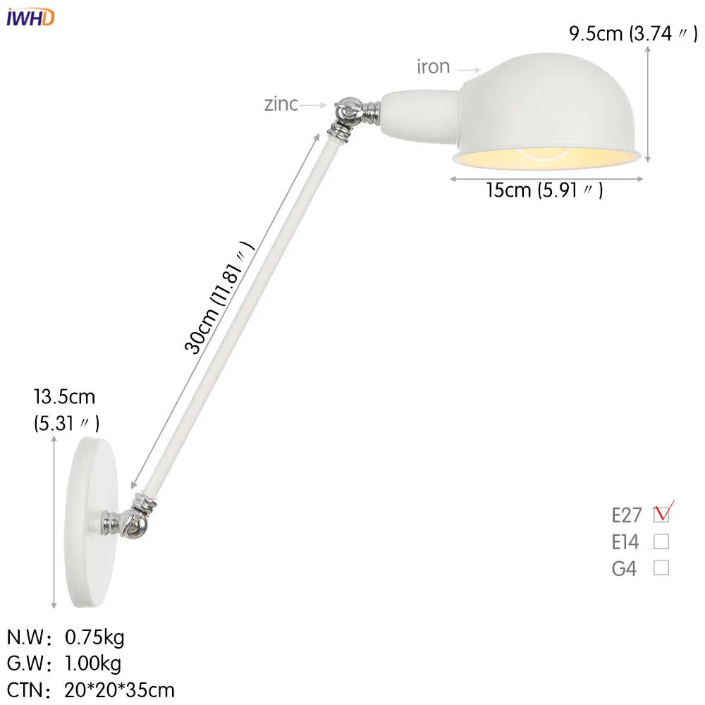 Long Arm Black Wall Light Retro Industrial Vintage LED Wall Lamp