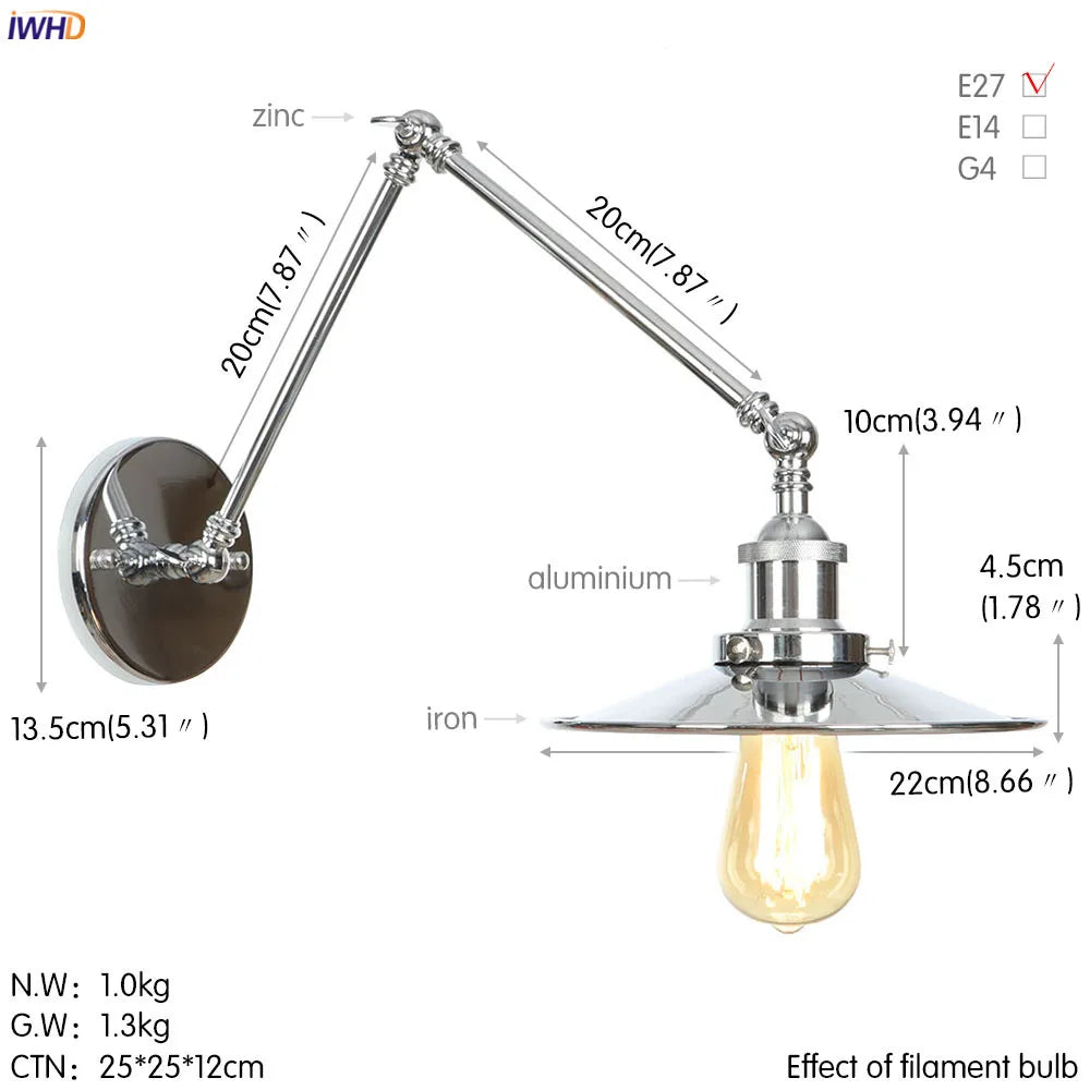 Silver Swing Arm LED Wall Light - Industrial Vintage Wall Sconce