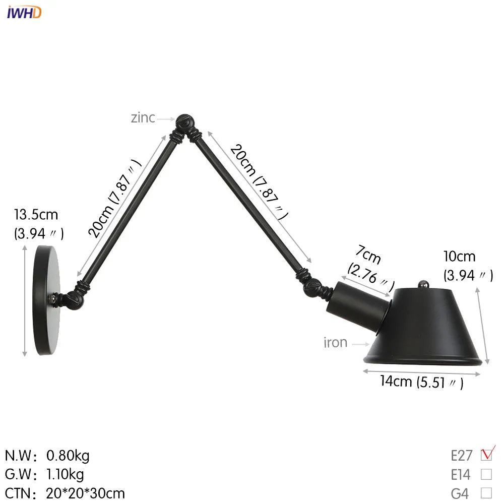 Black Single Swing Arm Wall Light Industrial Vintage Sconce LED Wall Lamp
