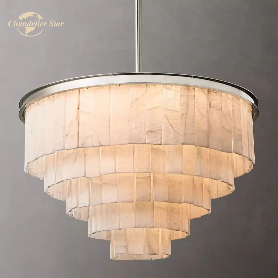 LED Round Glace Calcite Chandelier for Dining Room - Contemporary Crystal Hanging Lamp