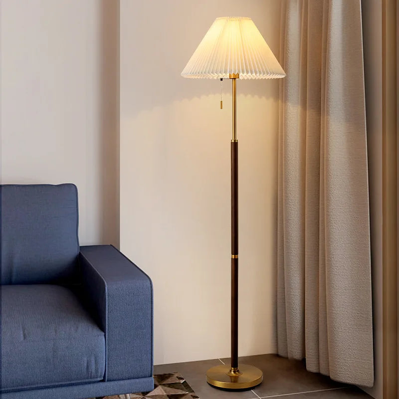Pleated Wood Floor Lamp with White Fabric Shade