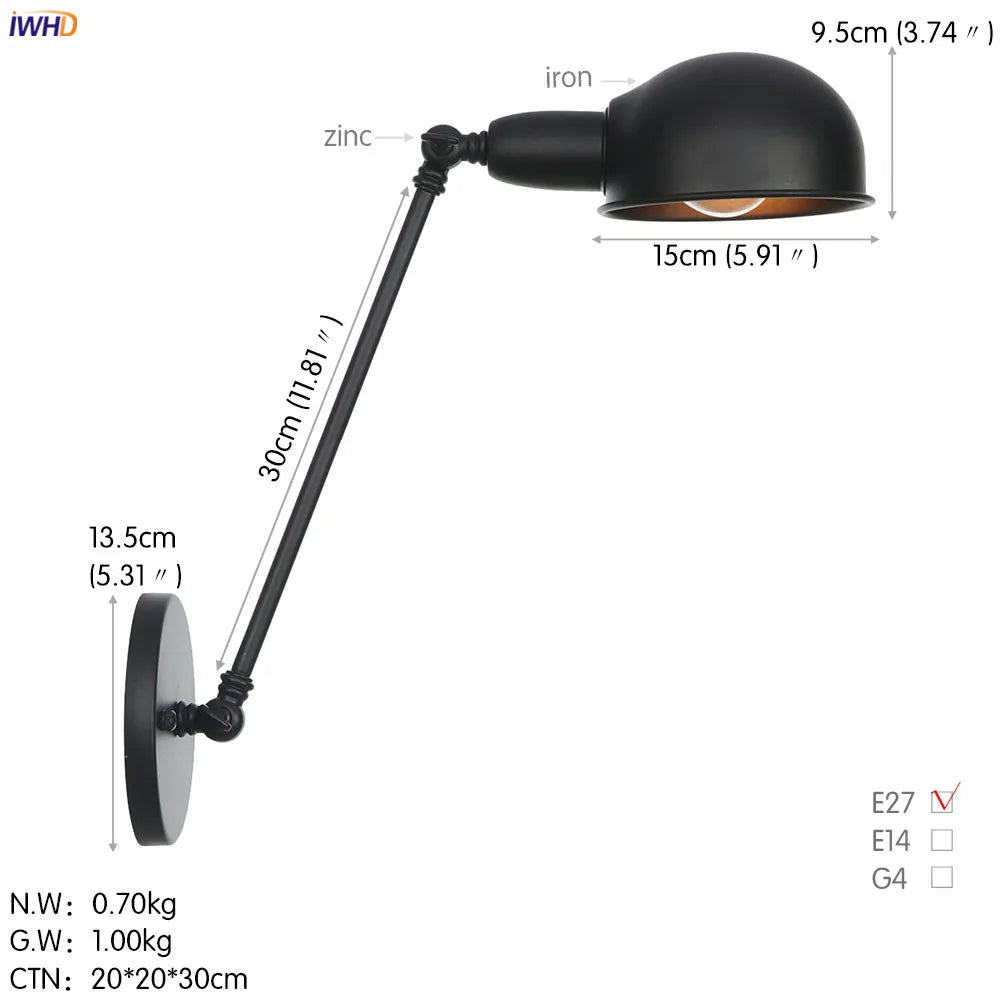 Vintage Industrial Wall Light Swing Arm LED Bedroom Cafe Stair Black
