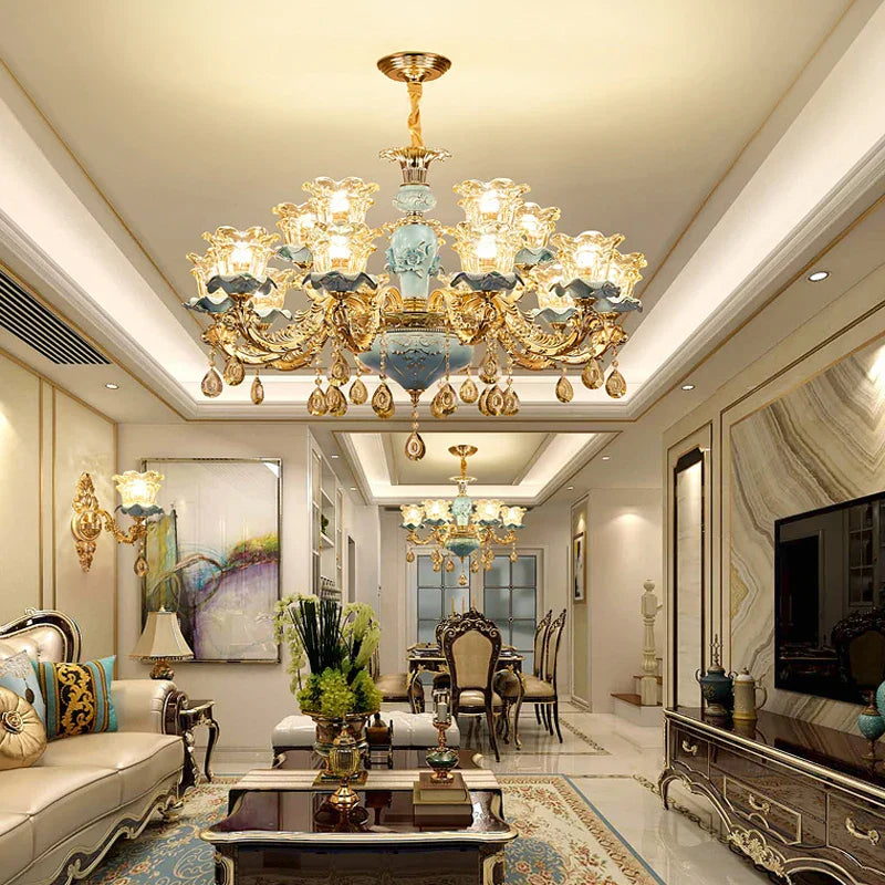 Retro Ceramic Chandelier for Living Room Bedroom Villa Duplex Floor