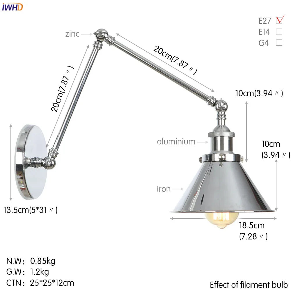 Silver Swing Arm LED Wall Light - Industrial Vintage Wall Sconce