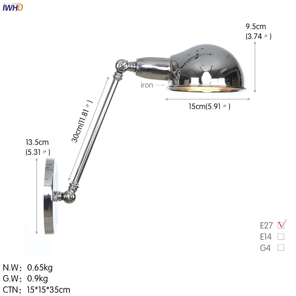 Vintage Industrial Wall Light Swing Arm LED Bedroom Cafe Stair Black