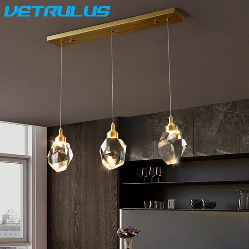 Diamond Crystal LED Chandelier, Brass Ceiling Pendant Light for Dining Room