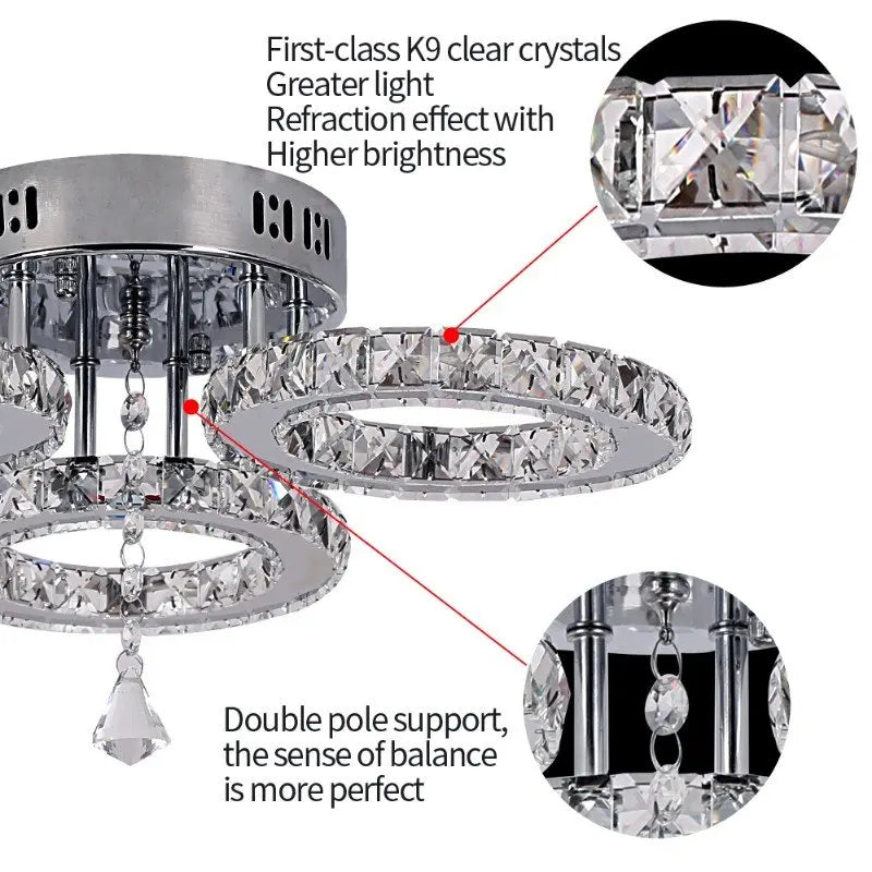 Crystal LED Ceiling Light Rings - Stainless Steel Plafonnier Lamp