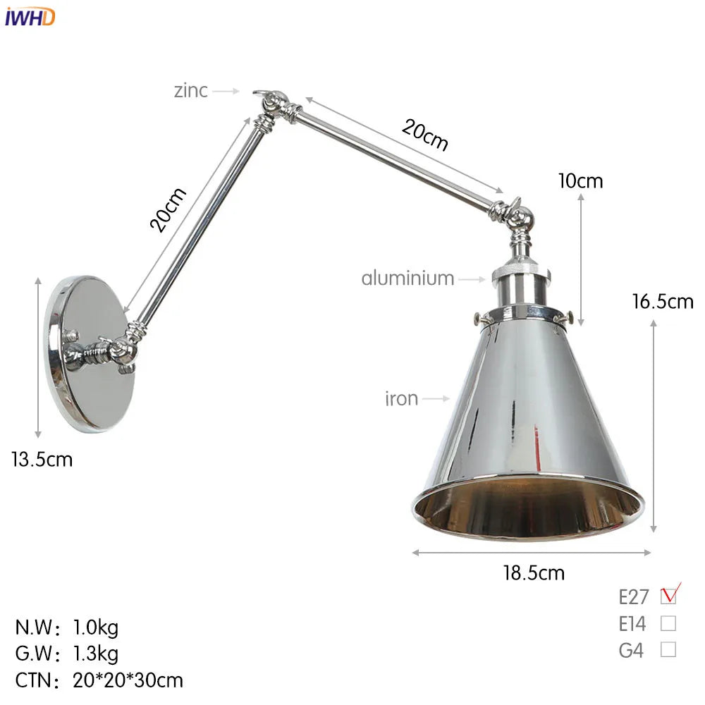 Silver Swing Arm LED Wall Light - Industrial Vintage Wall Sconce