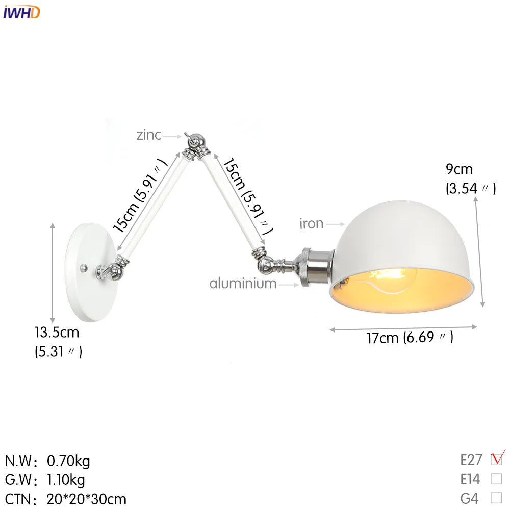 White Swing Arm Wall Light: Adjustable Vintage Industrial Sconce Luminaria