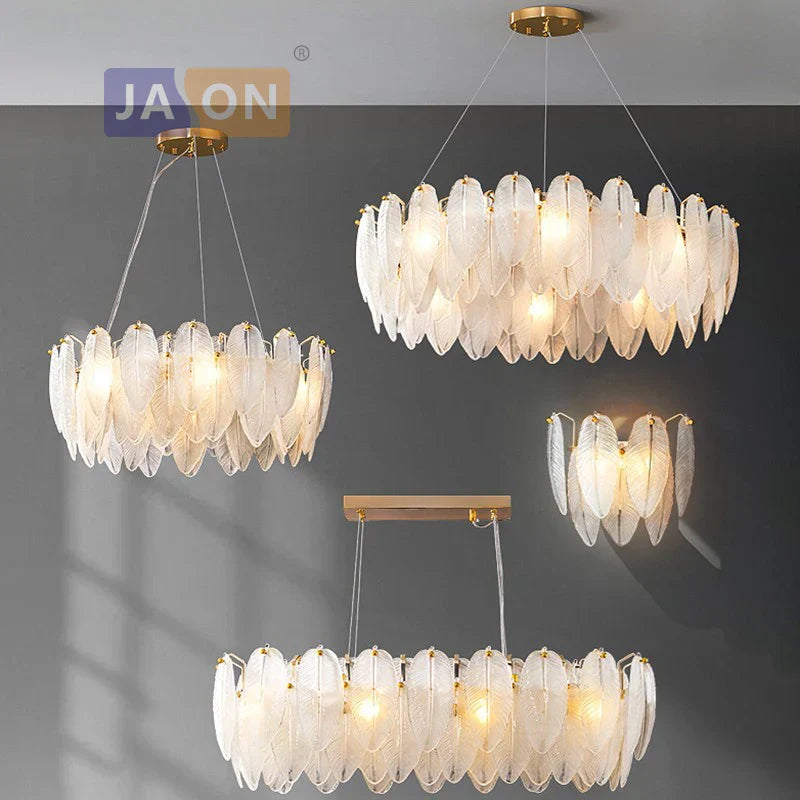 White Glass Feather LED Chandelier - Designer Oval Goose Feather Lighting