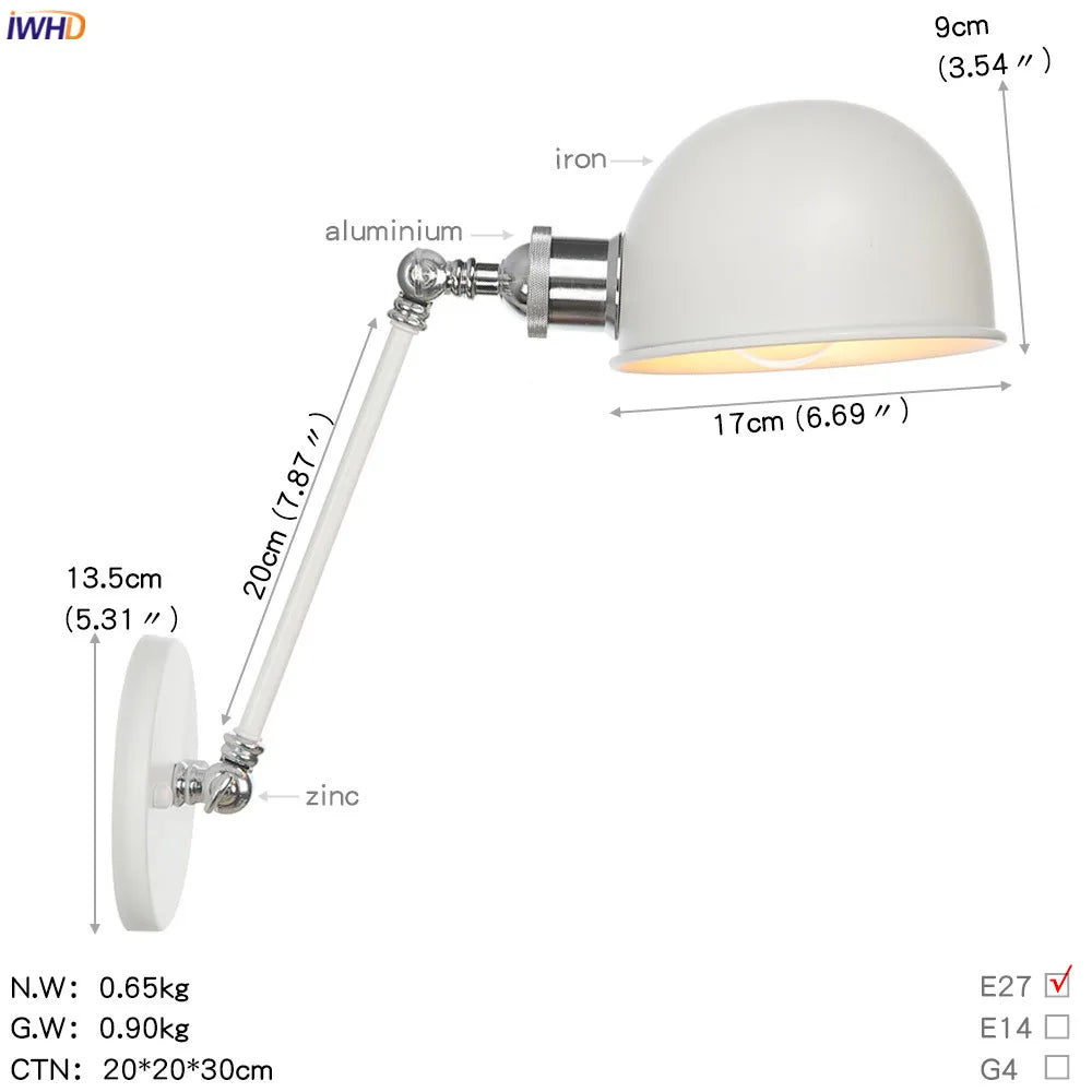 White Swing Arm Wall Light: Adjustable Vintage Industrial Sconce Luminaria