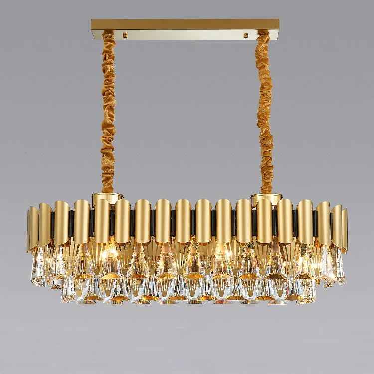 Golden Stainless Steel Crystal Chandelier | LED Round Oval Lustre Fixture