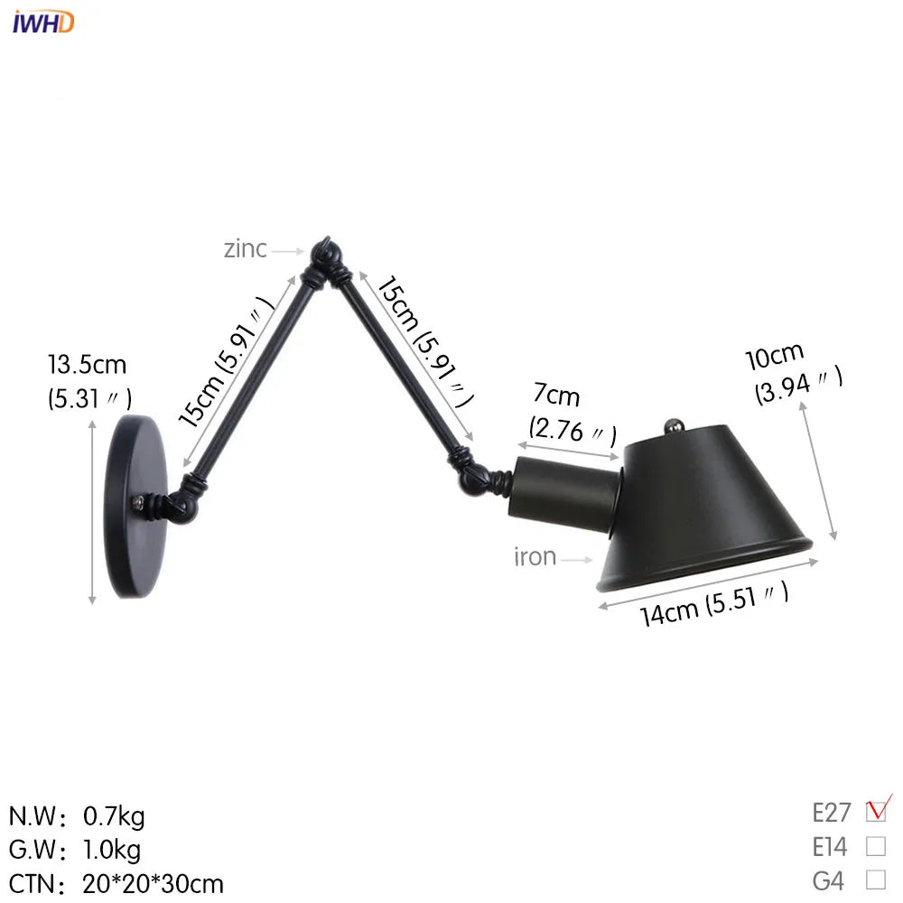 Black Single Swing Arm Wall Light Industrial Vintage Sconce LED Wall Lamp