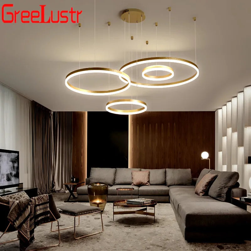LED Chandelier Rings Pendant Light - Coffee Gold Dimmable Ceiling Lamp
