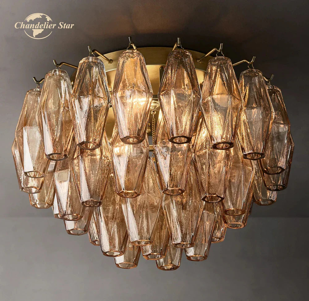 LED Glass Flushmount Ceiling Lamp Modern Round Fixture - Brass Finish