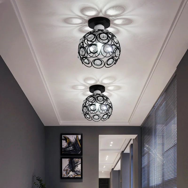 Crystal Flush Mount Chandelier for Hallway Foyer, Modern Hollow Carved Ceiling Light