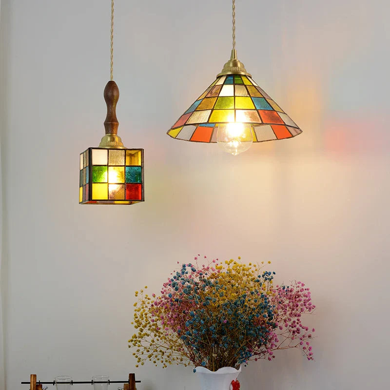 Afralia™ Magic Cube LED Pendant Lights Glass Walnut Wood Tiffany Style Hang Lamp