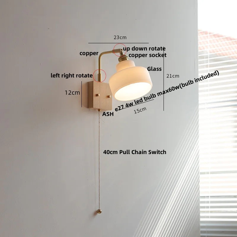 Glass LED Wall Light Fixture with Pull Chain Switch
