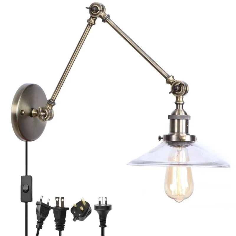 Vintage Industrial LED Wall Light with Clear Glass Shade & Adjustable Long Arm