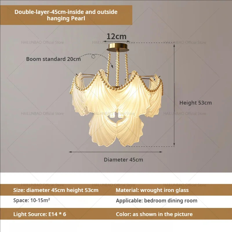 Pearl Crystal Chandelier for Dining Living Bedroom, Elegant French Shell Glass Light