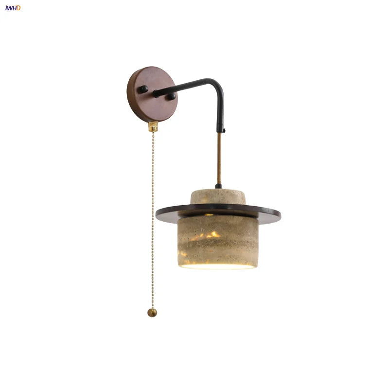 Yellow Travertine Stone Wood Wall Sconce LED Light Fixture, Modern Nordic Design