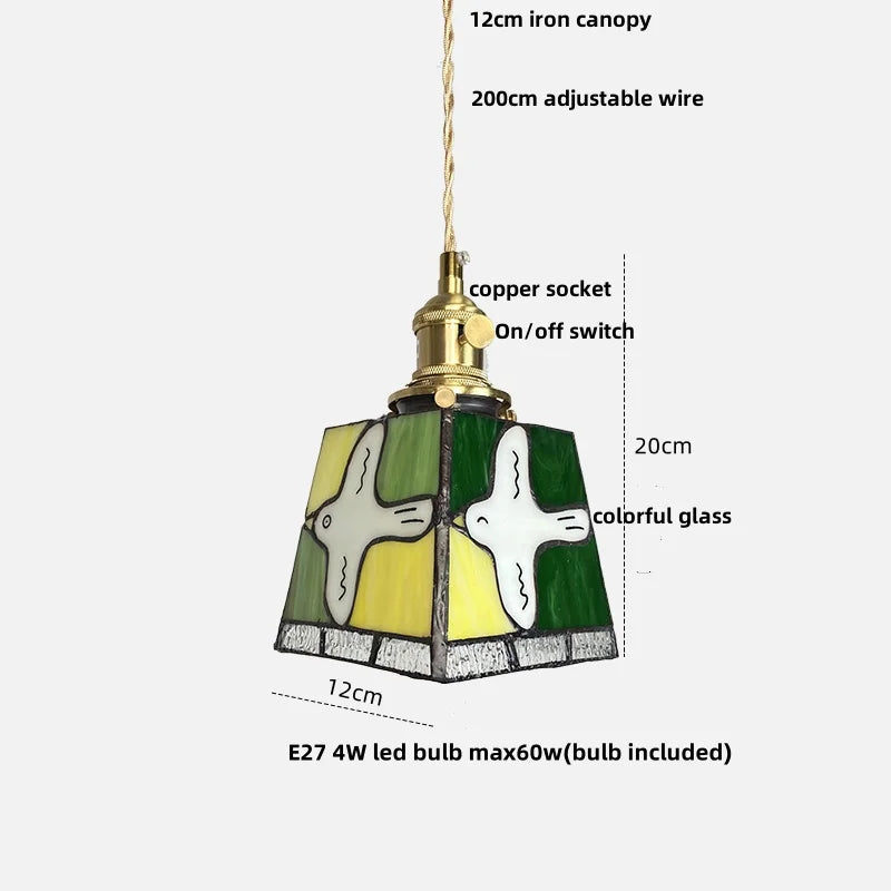 Peace Dove Tiffany Style Glass Pendant Lamp with LED, Copper Knob Switch