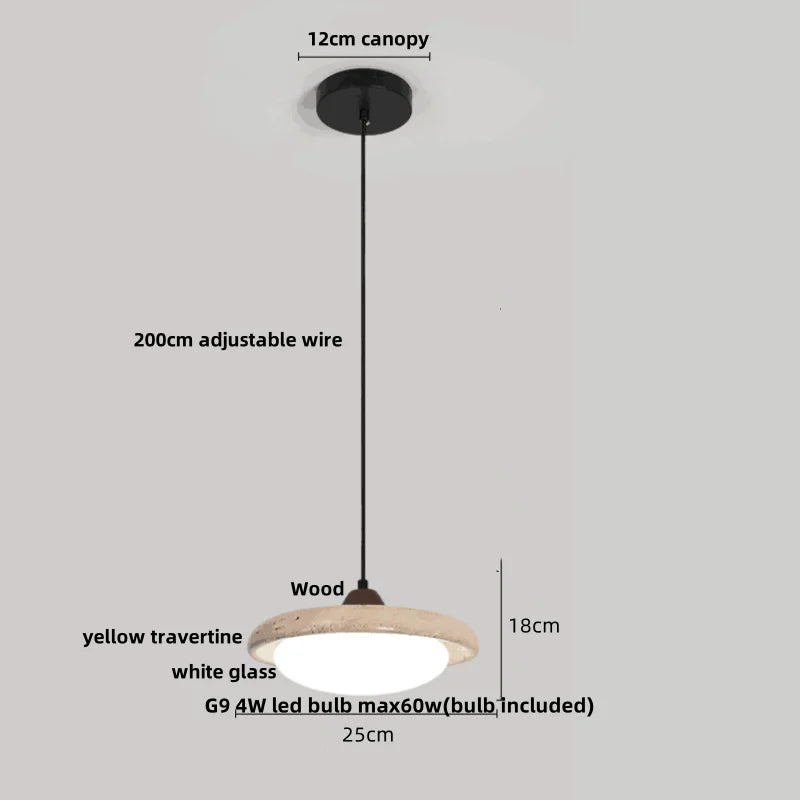 Yellow Travertine Wood Canopy Pendant Lights - Japanese Style Adjustable Globe LED Hang Lamp
