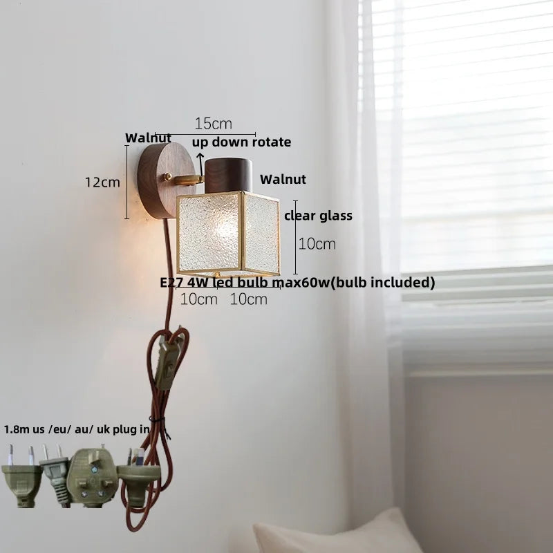 Clear Glass LED Wall Sconce Walnut Wood Bedroom Living Room Modern Fixture