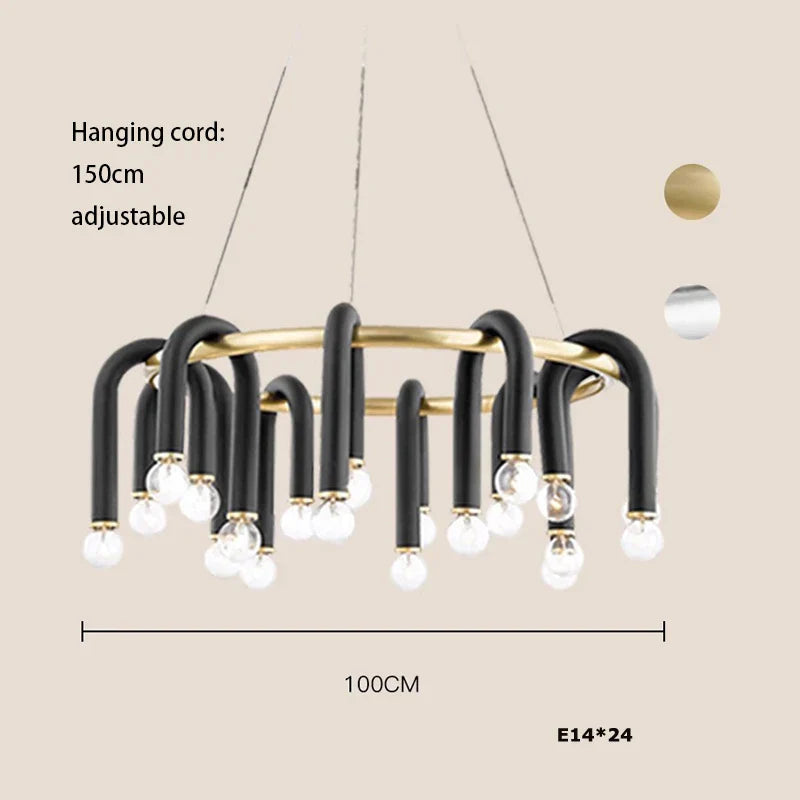 Black Aluminum Tube Dimmable LED Chandelier with U-Shaped Design