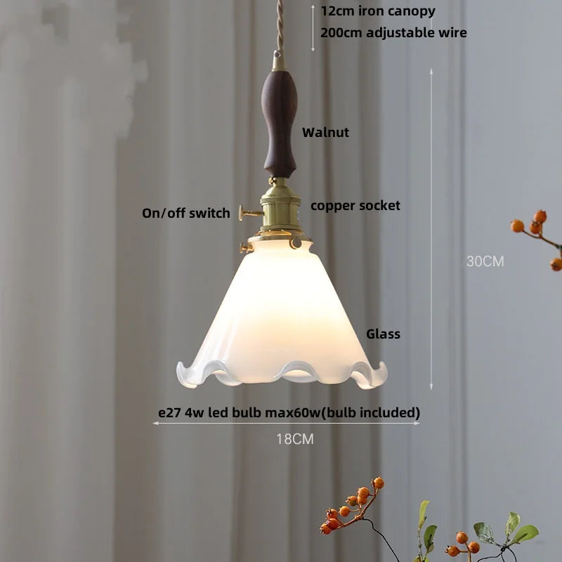 Amber Glass LED Pendant Lamp Walnut Wood Copper Hanging Light