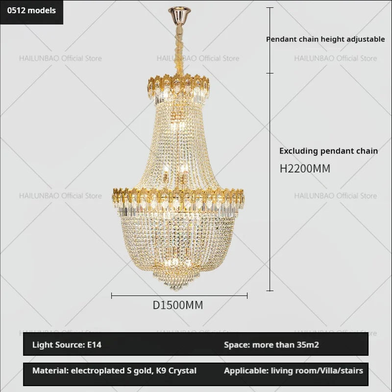 Crystal Chandelier: Luxury Duplex Hotel Living Room Stairwell Design