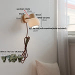 Afralia™ White Ceramic LED Wall Light with Pull Chain Switch and Wood Base