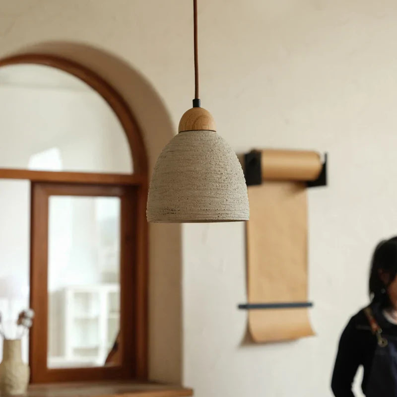 Wood Cement LED Pendant Light Fixture Adjustable Hanging Lamp