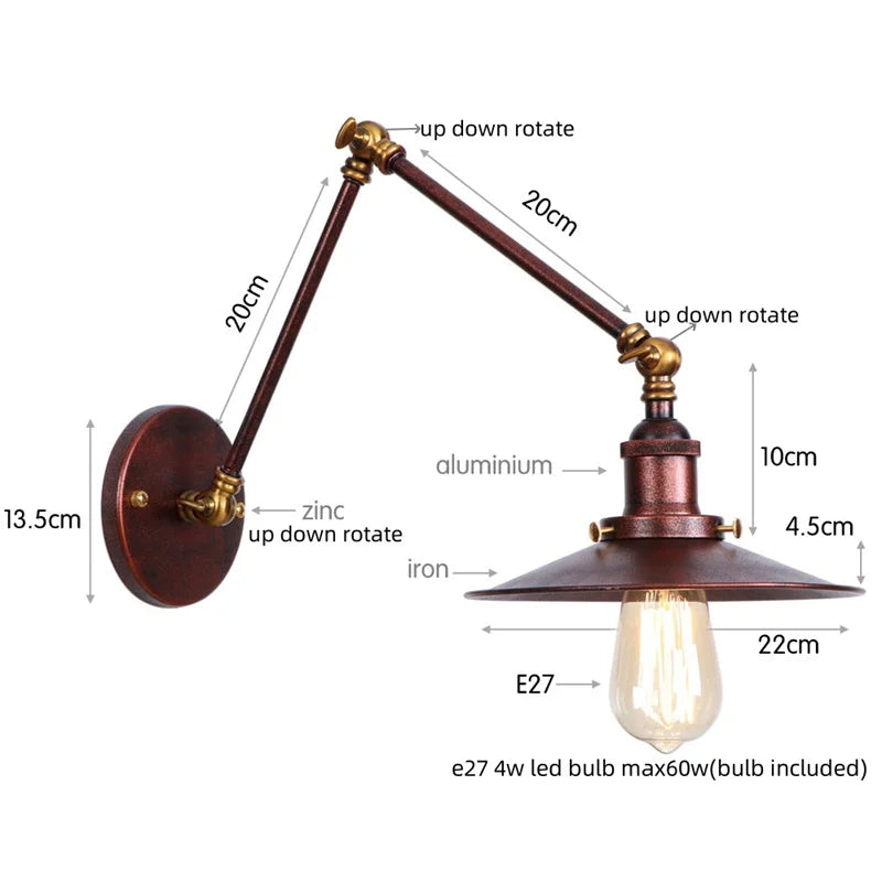 Black Iron LED Wall Light Fixture Industrial Vintage Adjustable Long Arm