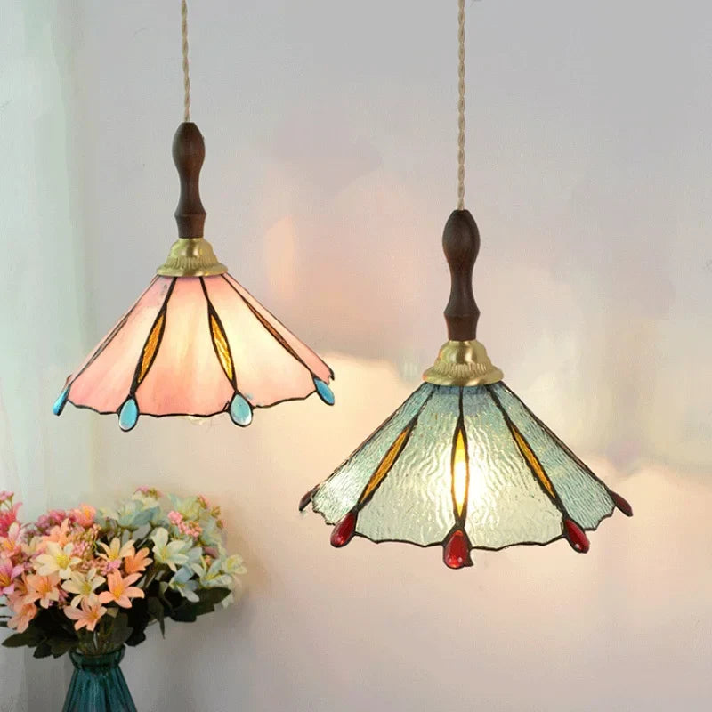 Walnut Wood LED Pendant Tiffany Glass Hanging Lamp - Vintage Dining Room Light