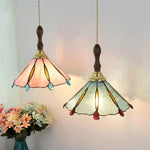 Walnut Wood LED Pendant Tiffany Glass Hanging Lamp - Vintage Dining Room Light