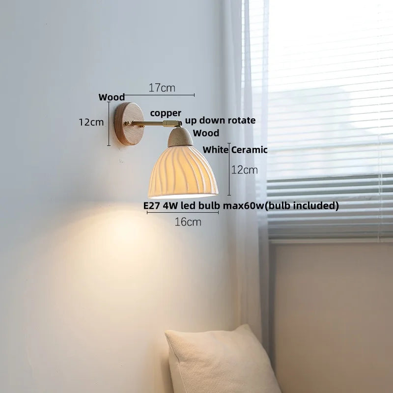 Wood Canopy LED Wall Light Pull Chain Switch Nordic Modern Bedside Sconce
