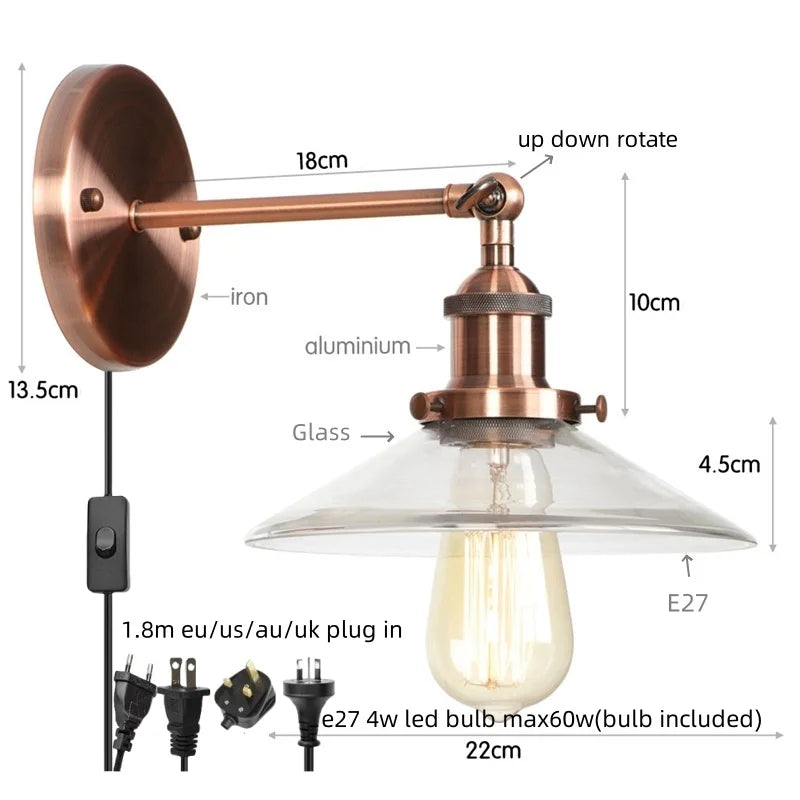 Vintage Industrial LED Wall Sconce with Clear Glass, Artistic Light Fixture