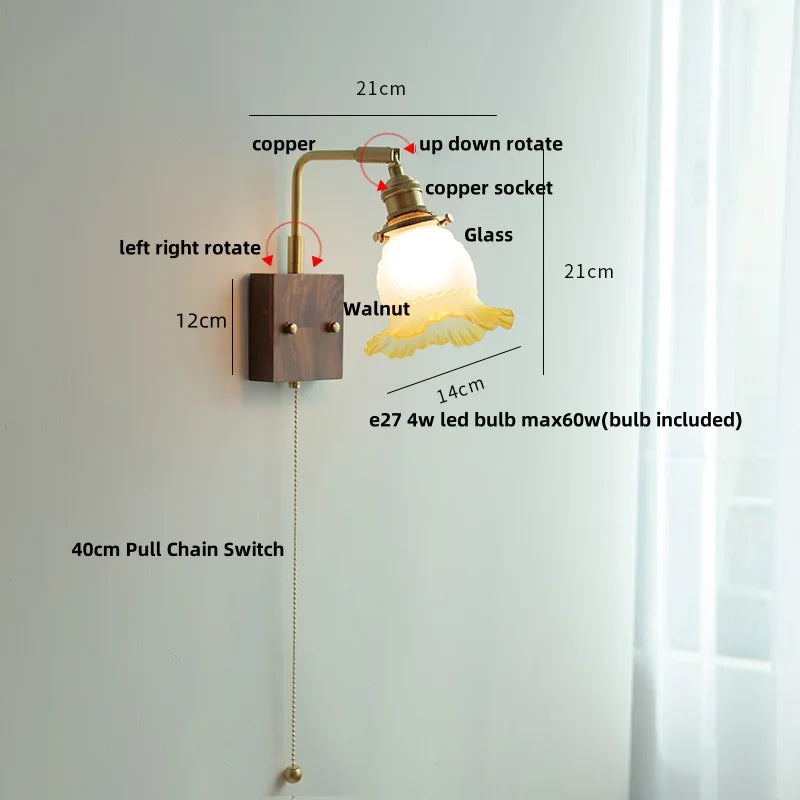 Yellow Glass LED Wall Sconce Walnut Wood Bedside Lamp