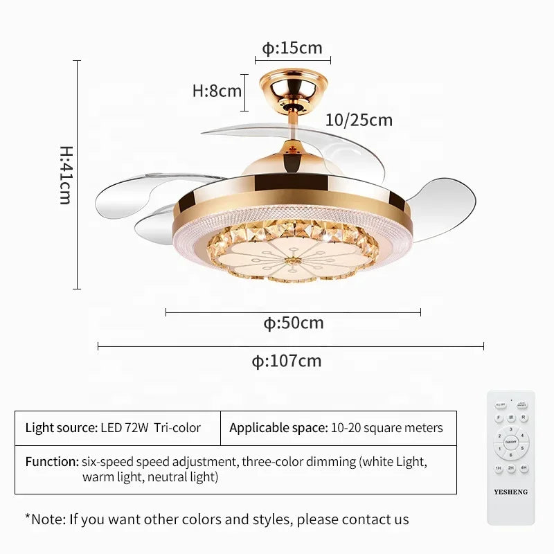 Crystal Invisible Fan Lamp 42-Inch European Living Room Ceiling Fan Chandelier