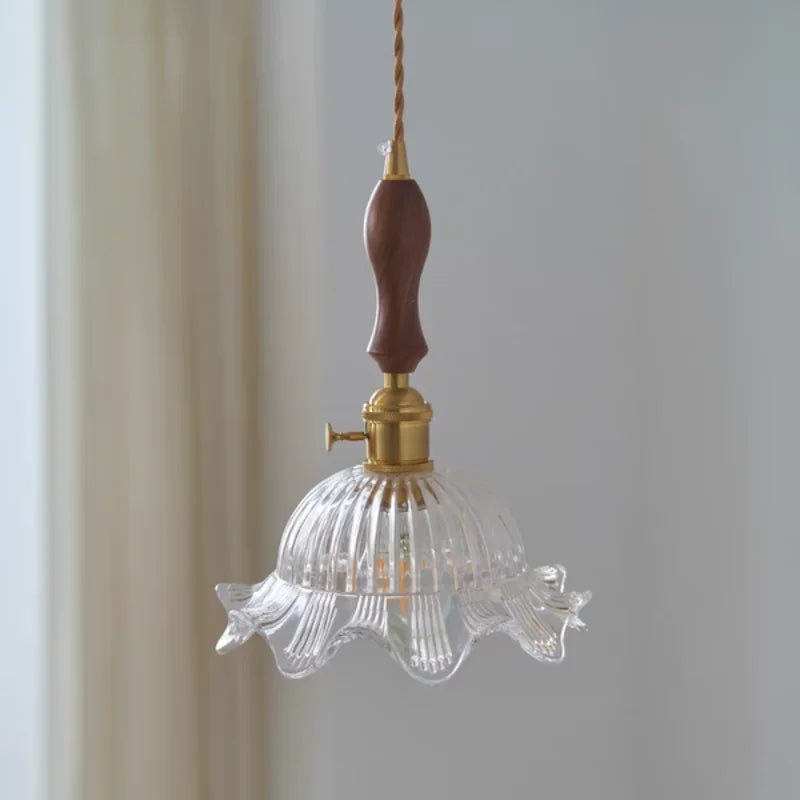Afralia™ Modern Walnut Wood LED Pendant Lights with Glass Flower Shade